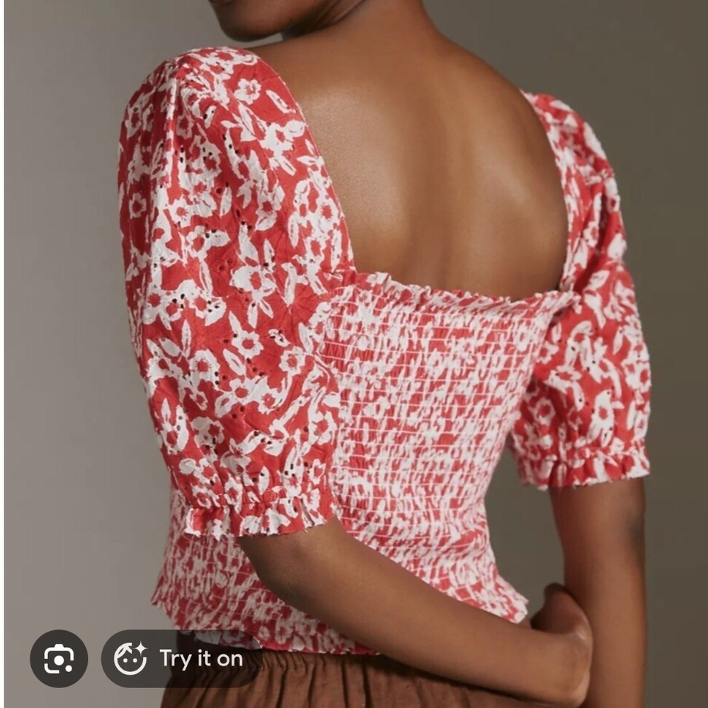 Anthropologie NWT Red White Floral Smocked Eyelet Puff Sleeve Crop Top- XS - Picture 2 of 8